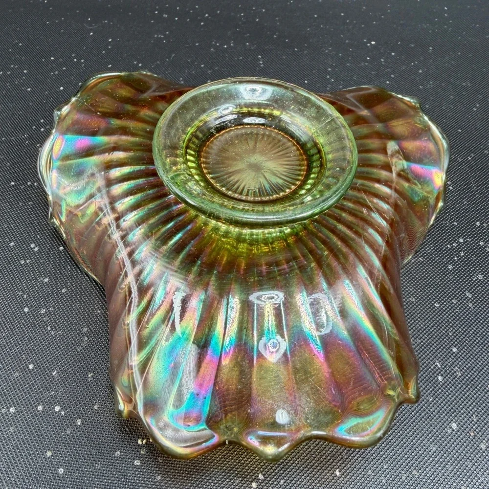 Vintage Carnival Glass Bowl Tri Corner Ruffled‎ Fluted Marigold Iridescent Green